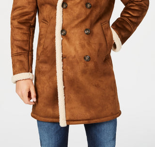 GUESS Men's Faux Shearling Overcoat Brown Size Small