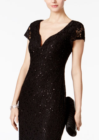 Connected Women's Sequined Lace Column Gown Black Size 8