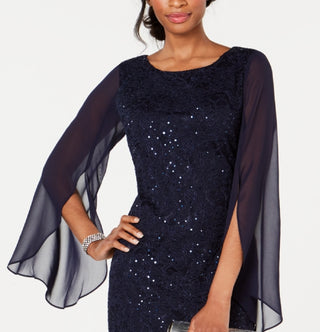 Connected Women's Flutter Sleeve Sequined Lace Dress Blue Size 8
