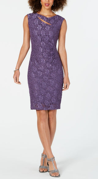 Connected Women's Sequined Lace Cutout Sheath Dress Purple Size 8