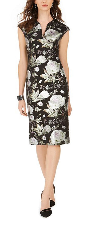 Connected Women's Cap Sleeve Metallic Floral Print Sheath Dress Black Size 16