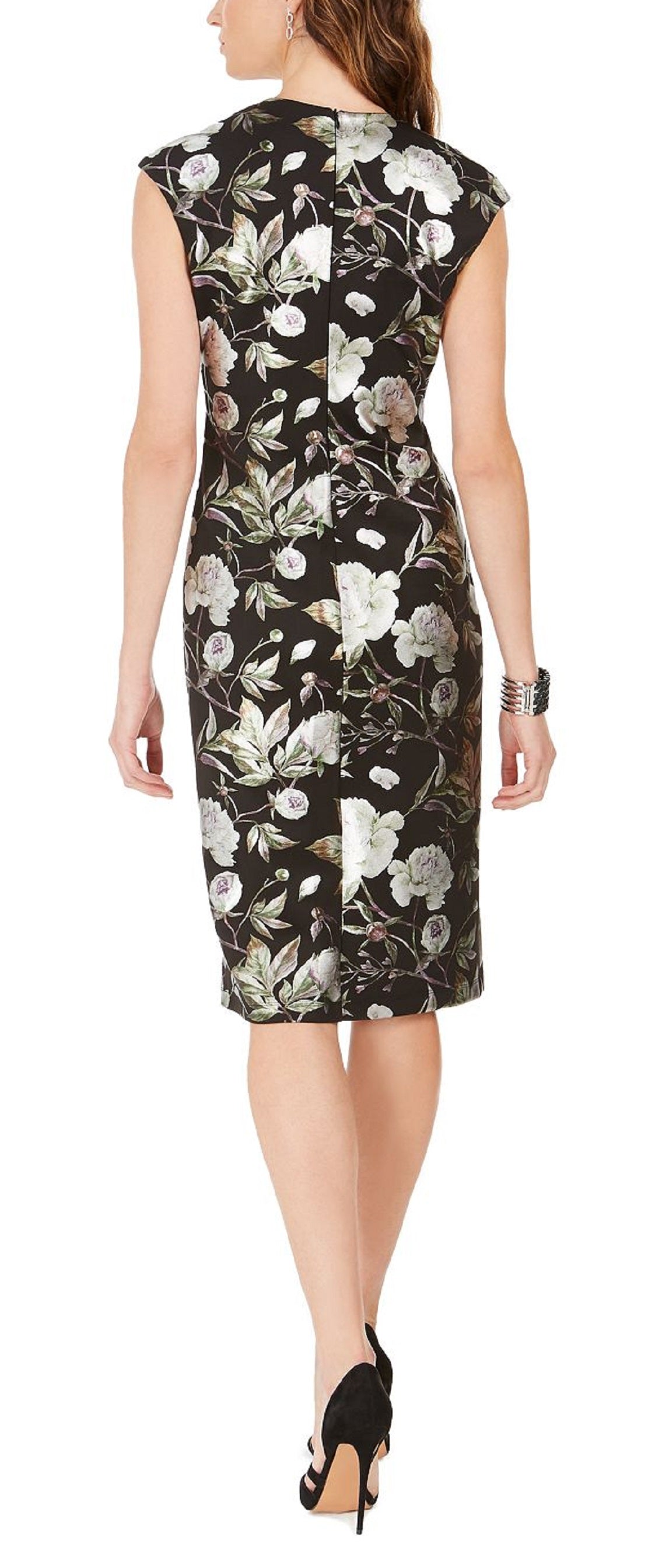 Connected Women's Cap Sleeve Metallic Floral Print Sheath Dress Black Size 16