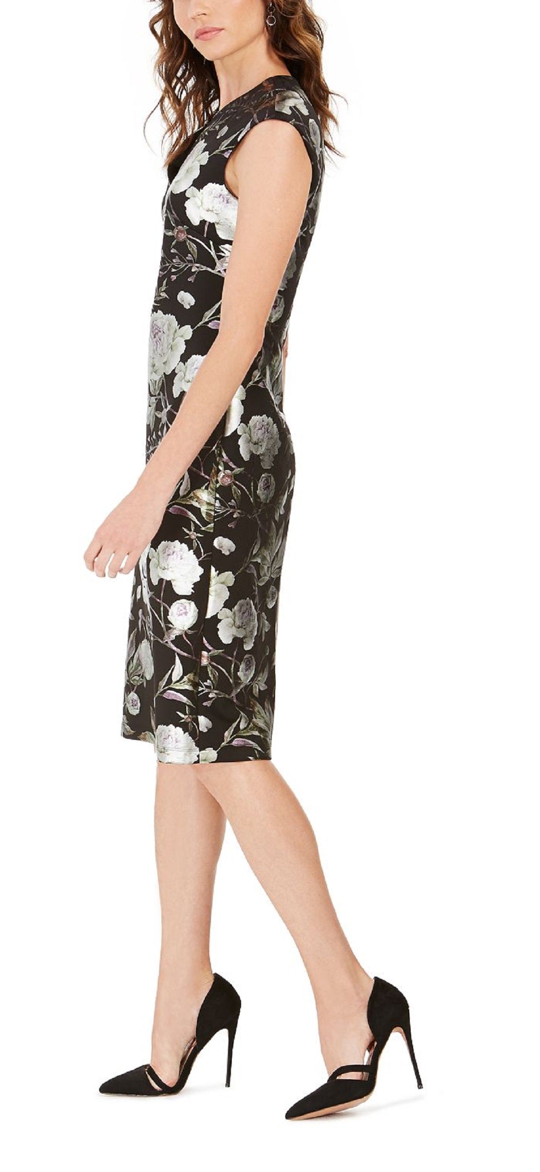 Connected Women's Cap Sleeve Metallic Floral Print Sheath Dress Black Size 16