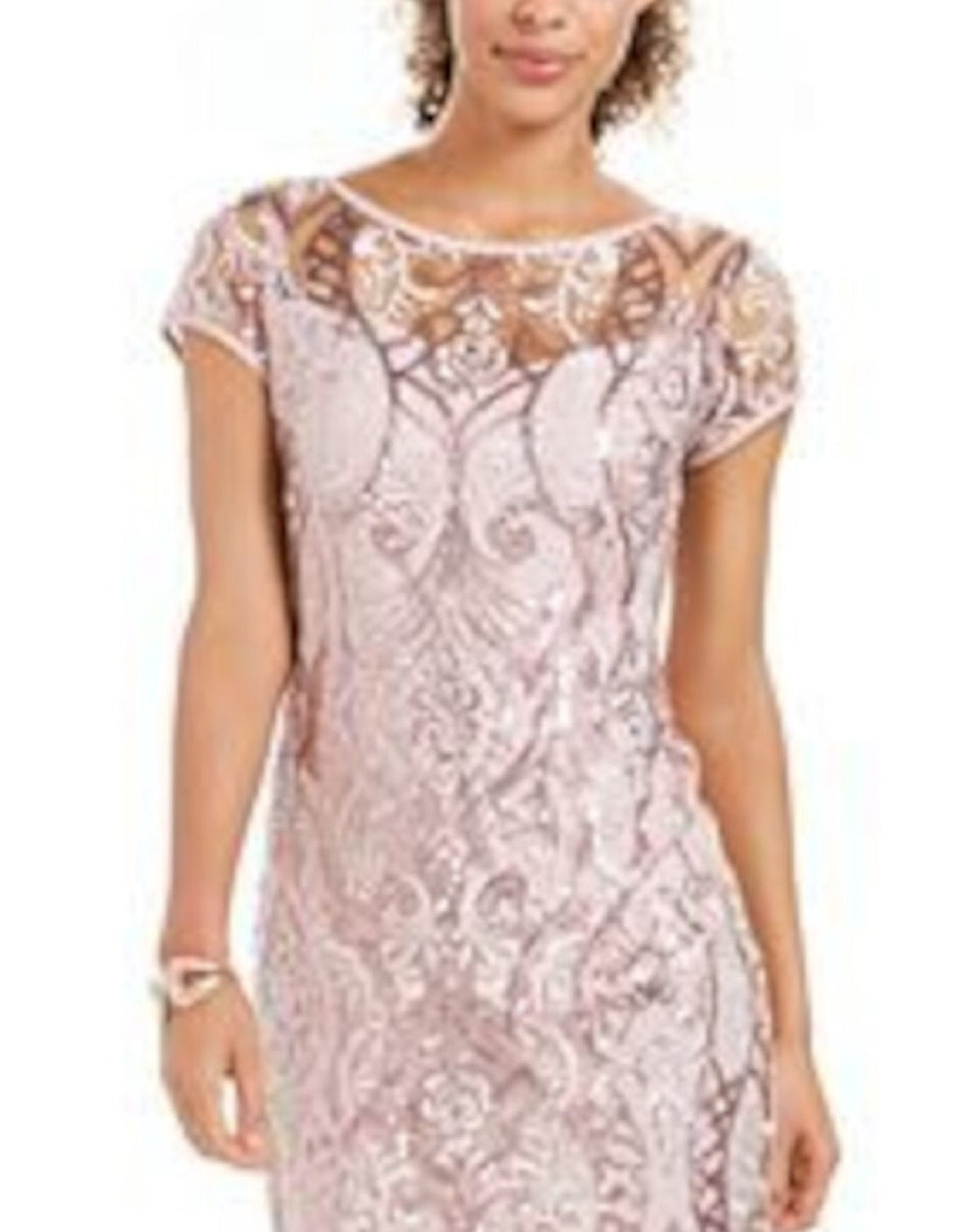 Connected Apparel Women's Sequined Lace Cap Sleeve Illusion Neckline Above the Knee Sheath Cocktail Dress Pink Size 12