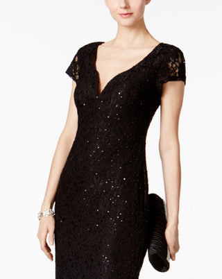 Connected Women's Sequined Lace Column Gown Black Size 4