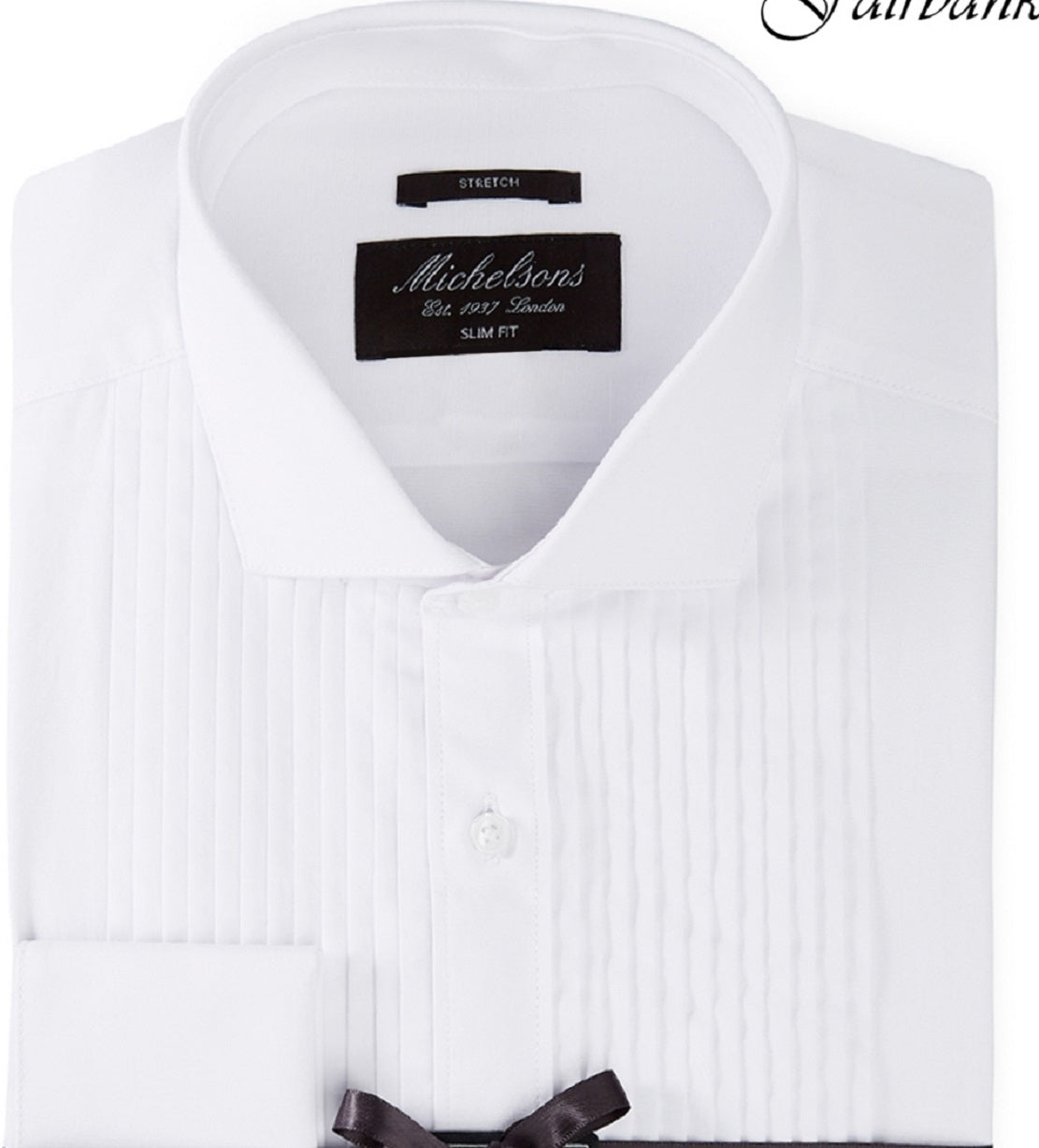Michelsons Of London Men's Slim Fit Stretch Pleated Bib French Cuff Tuxedo Shirt White Size 16X32X33