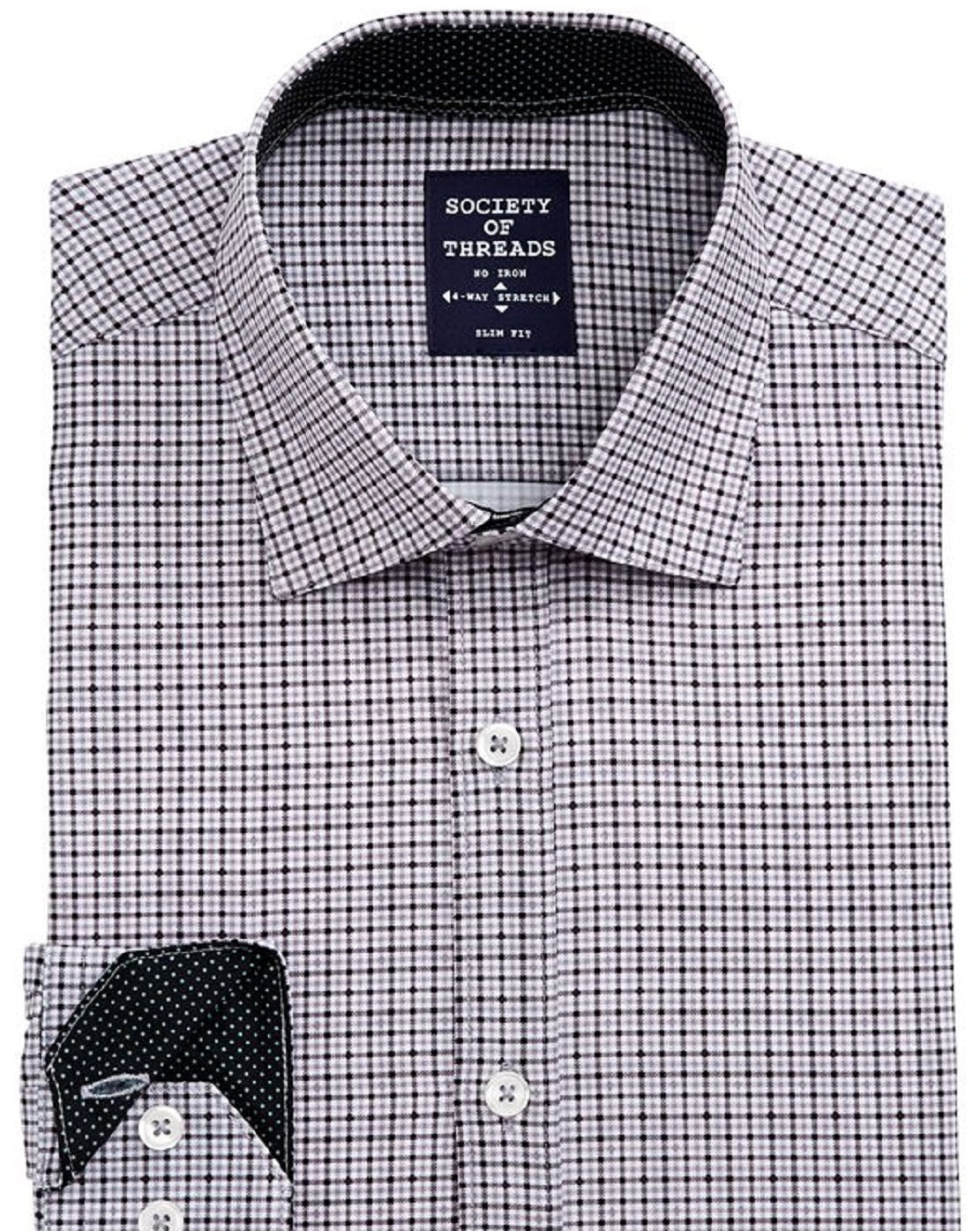 Society Of Threads Men's Slim Fit Non Iron Performance Stretch Check Dress Shirt Black Size Small