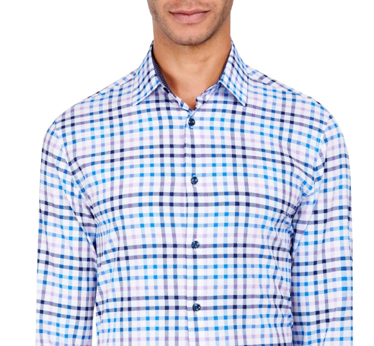 Construct Men's Slim Fit Plaid Performance Dress Shirt White Size Medium