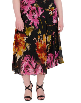 Robbie Bee Women's Floral Print Handkerchief Hem A Line Dress Brown Size 14W