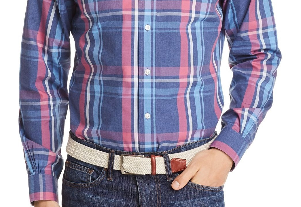 Brooks Brothers Men's Regent Non Iron Plaid Slim Fit Button Down Shirt Blue Size Large