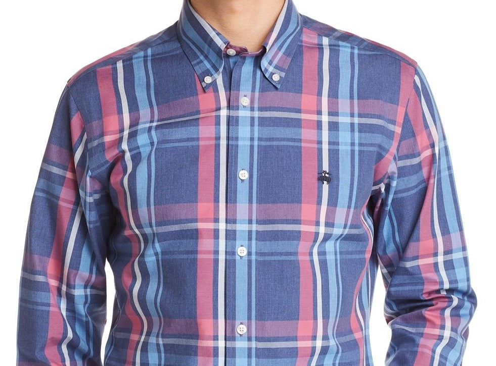 Brooks Brothers Men's Regent Non Iron Plaid Slim Fit Button Down Shirt Blue Size Large