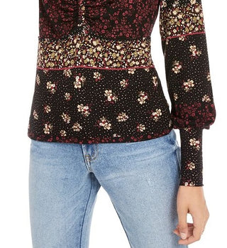 American Rag Junior's Printed Ruched Blouson Sleeve Top Black Size Large