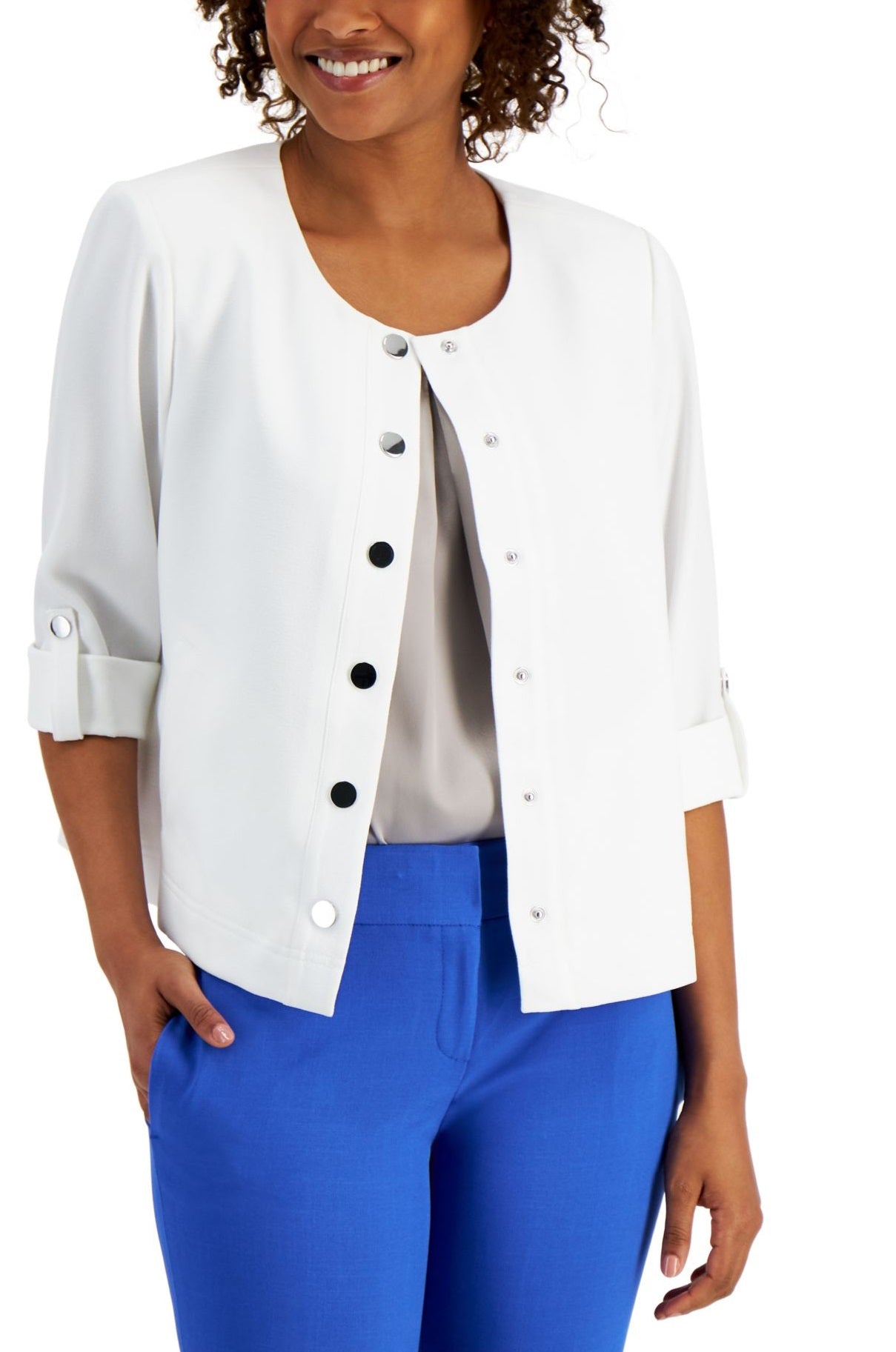 Kasper Womens Roll Sleeve Crepe Jacket White Size Small