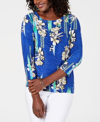 JM Collection Women's Printed Jacquard Top Blue Size XXL