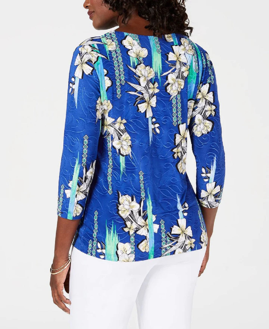 JM Collection Women's Printed Jacquard Top Blue Size XXL