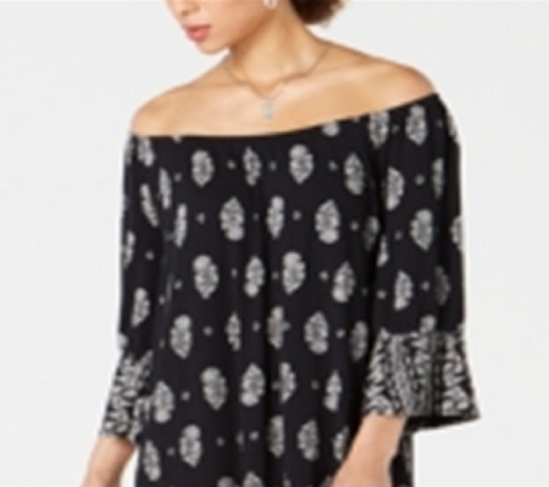 Style & Co Women's Printed on/Off the Shoulder Dress Black Size Petite S