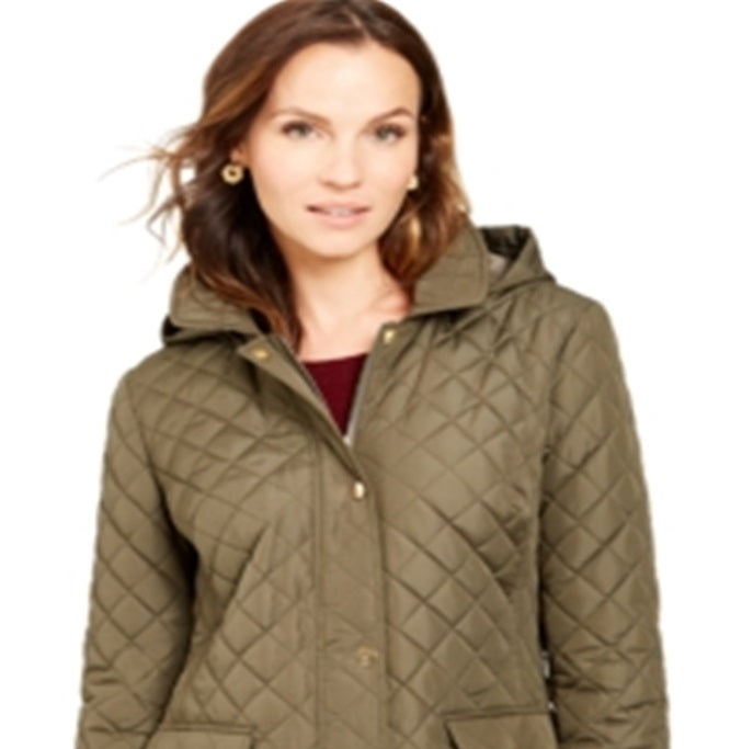 Charter Club Women's Quilted Hooded Jacket Green Size Petite
