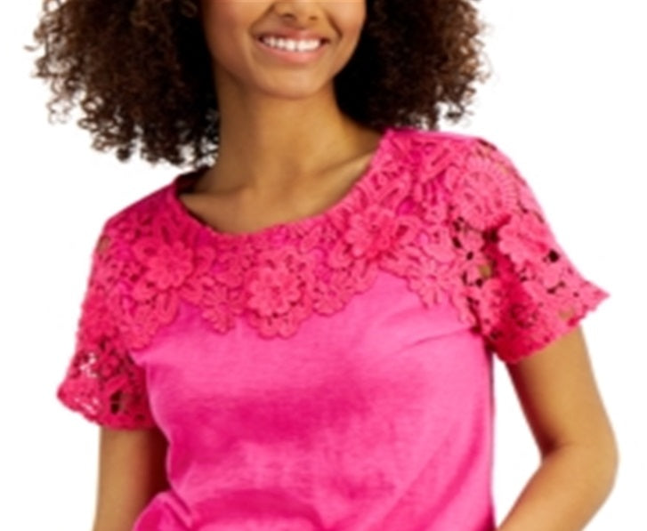 Charter Club Women's Cotton Lace Embellished T-Shirt Pink Size Medium