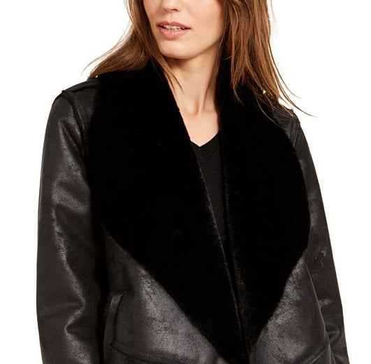 Bar III Women's Shearling Drape Front Jacket Black Size XXS