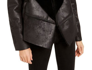 Bar III Women's Shearling Drape Front Jacket Black Size XXS