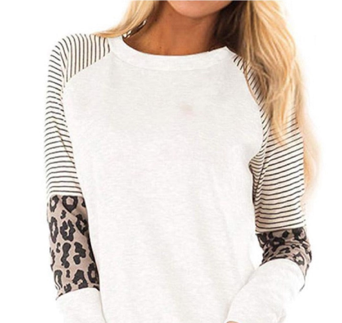Frankie & Pop Women's Crew Neck Long Sleeve Stripes Raglan Leopard Print Top White Size Small