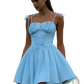 Sky Blue Ruched Corset Mini Dress with Tie Straps