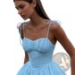 Sky Blue Ruched Corset Mini Dress with Tie Straps