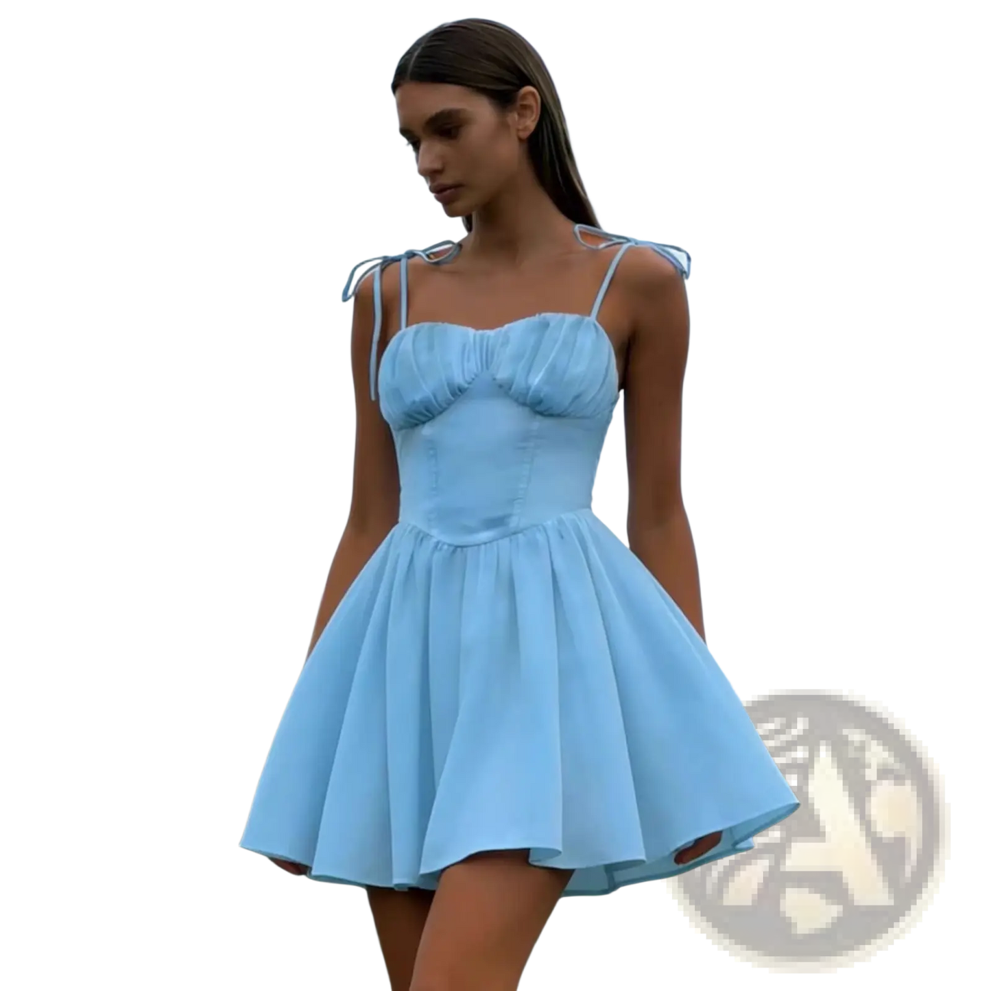 Sky Blue Ruched Corset Mini Dress with Tie Straps