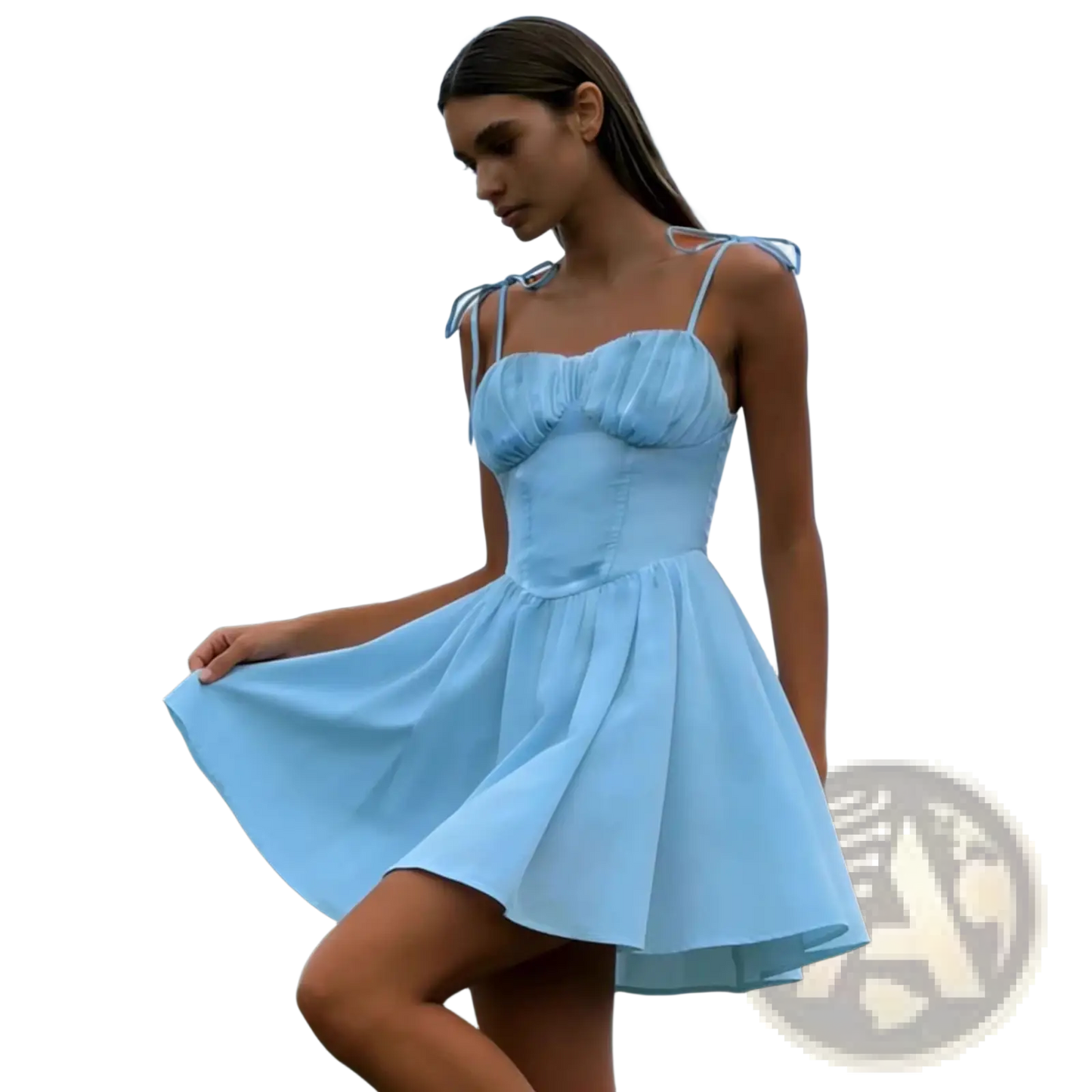 Sky Blue Ruched Corset Mini Dress with Tie Straps