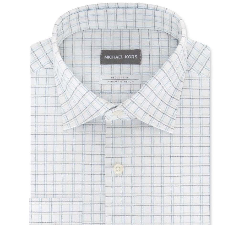 Michael Kors Men's Classic/Regular-Fit Non-Iron Airsoft Performance Stretch Check Dress Shirt Blue Size 32-33