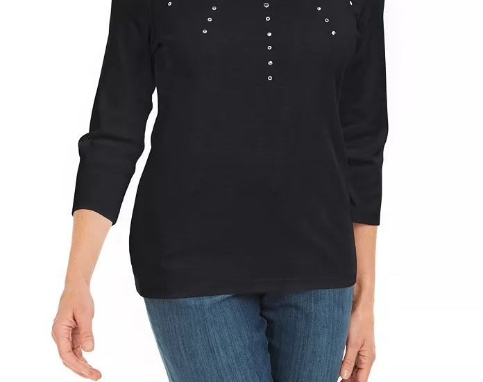 Karen Scott Women's Petite Cotton Grommet-Hardware Top Black Size Petite S