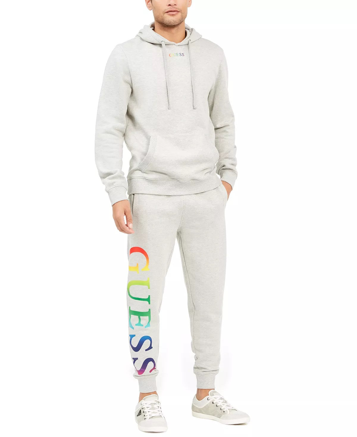 Guess Men's Arthur Ombre Rainbow Logo Hoodie Grey Size XX-Large