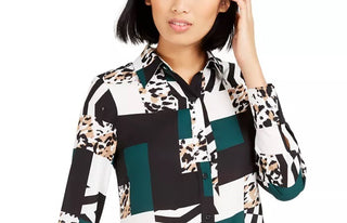 Bar III Womens Printed Button-Up Blouse Green Size XXX-Small
