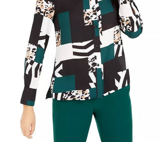 Bar III Womens Printed Button-Up Blouse Green Size XXX-Small