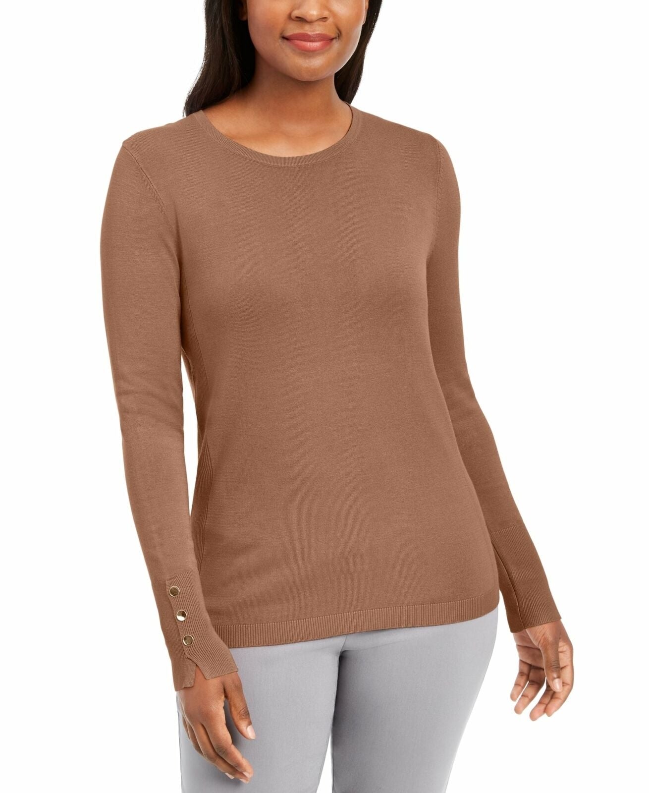 JM Collection Women's Button-Cuff Crewneck Sweater Brown Size Medium