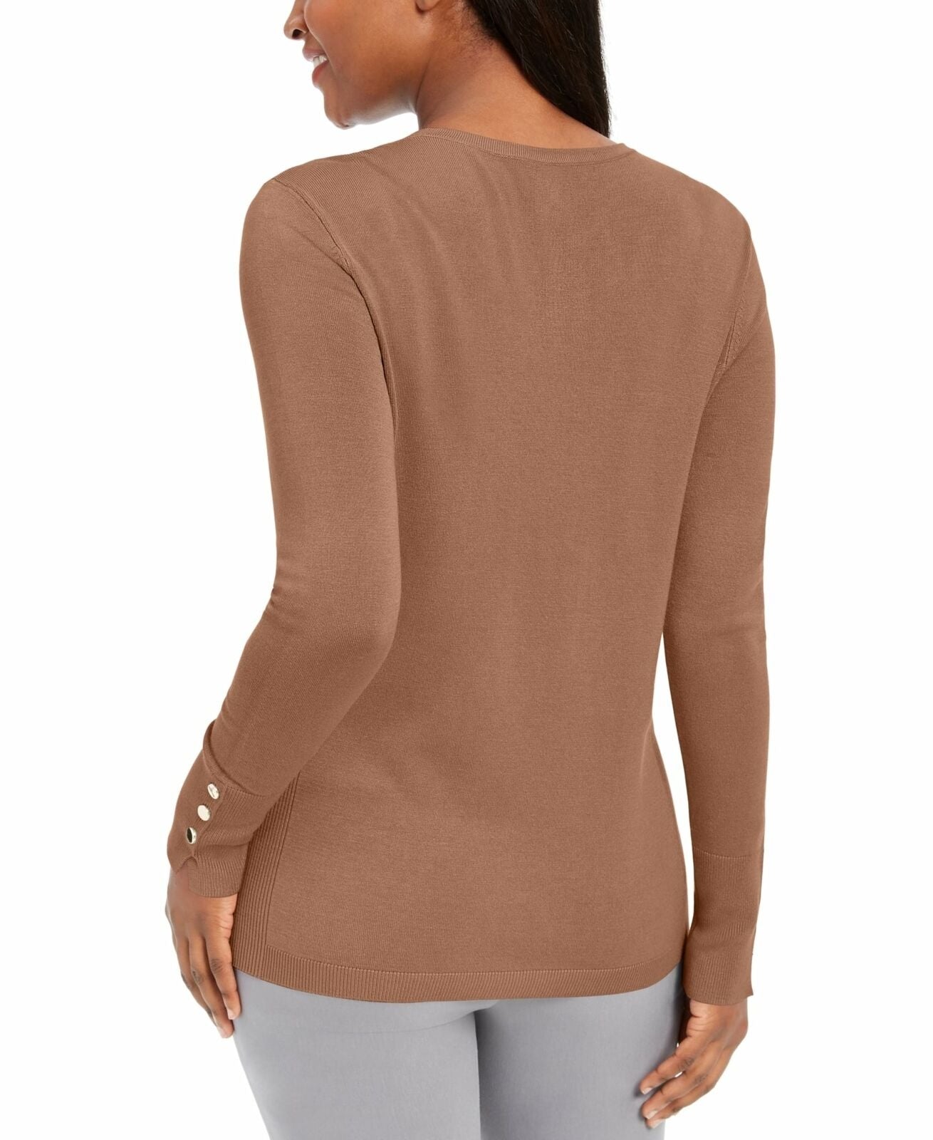 JM Collection Women's Button-Cuff Crewneck Sweater Brown Size Medium