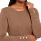 JM Collection Women's Button-Cuff Crewneck Sweater Brown Size Medium