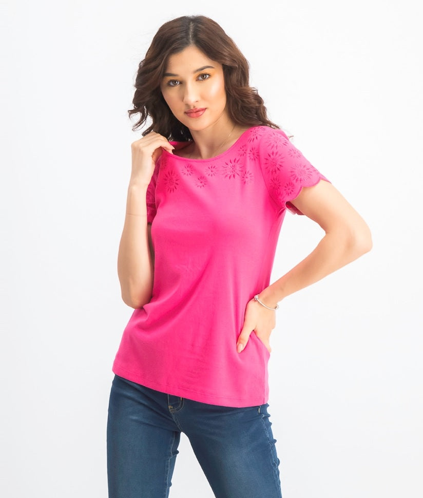 Karen Scott Women's Petite Embroidery-Trim Cotton Top Pink Size PS/M