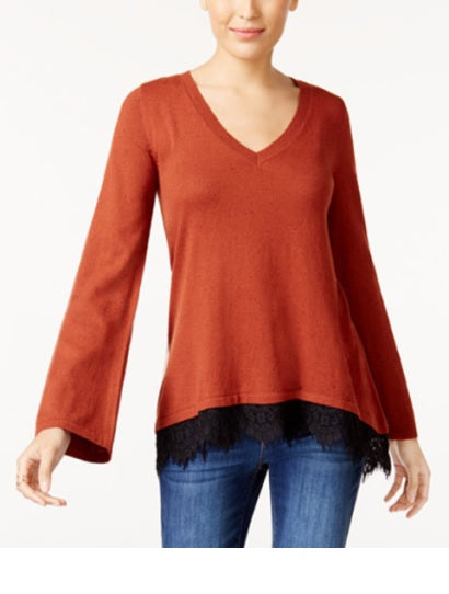 Style & Co Women's  Petite Lace-Up Chevron-Trim Sweater Orange Size PM