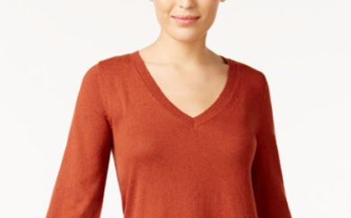Style & Co Women's  Petite Lace-Up Chevron-Trim Sweater Orange Size PM