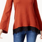 Style & Co Women's  Petite Lace-Up Chevron-Trim Sweater Orange Size PM