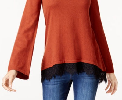 Style & Co Women's  Petite Lace-Up Chevron-Trim Sweater Orange Size PM