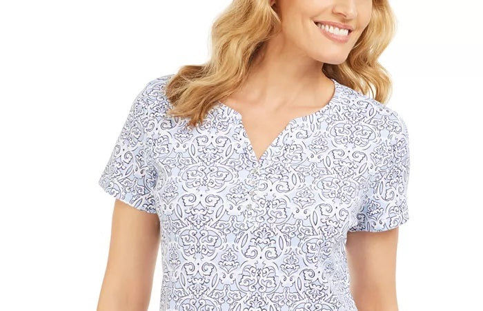 Karen Scott Women's Printed Short-Sleeve Henley Top Beige Size Medium