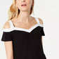 INC International Concepts Women's Petite Contrast-Trim Cold-Shoulder Top Black Size Petite S
