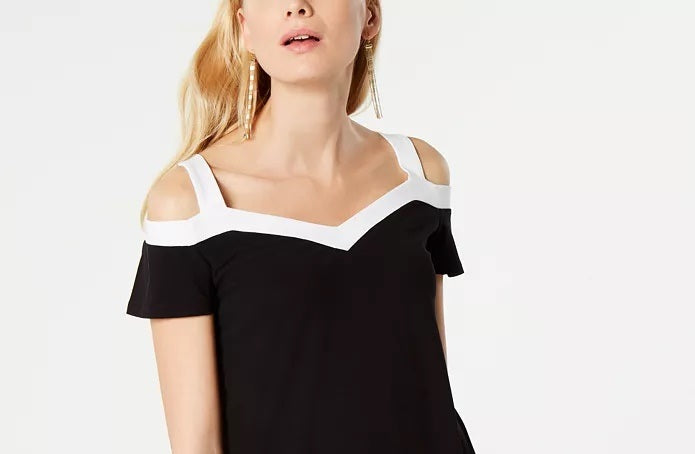 INC International Concepts Women's Petite Contrast-Trim Cold-Shoulder Top Black Size Petite S