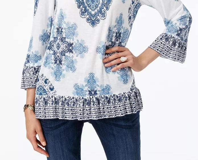 INC International Concepts Women's Ruffled Peasant Top White Size Small