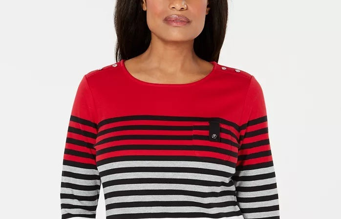Karen Scott Women's Petite Striped Colorblocked Top Bright Red Size Petite XL