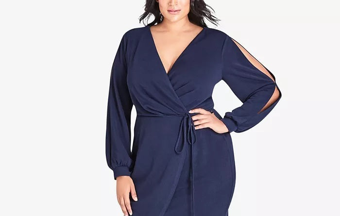 City Chic Women's Trendy Plus Size Smallplit-Sleeve Faux-Wrap Dress Blue Size 20W