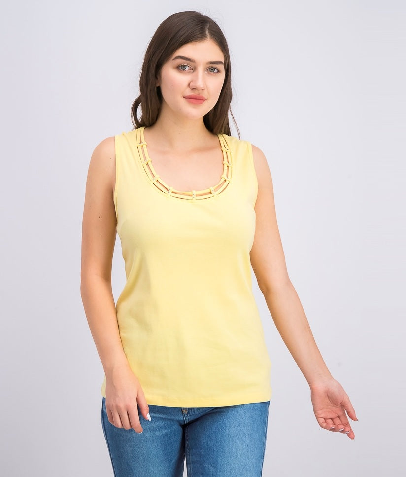 Karen Scott Women's Stud-Trim Ladder-Neck Top Yellow Size Small