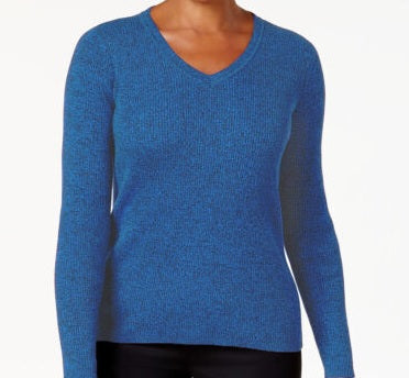 Karen Scott Women's Petite Cotton Ribbed Marled Sweater Blue Size Medium